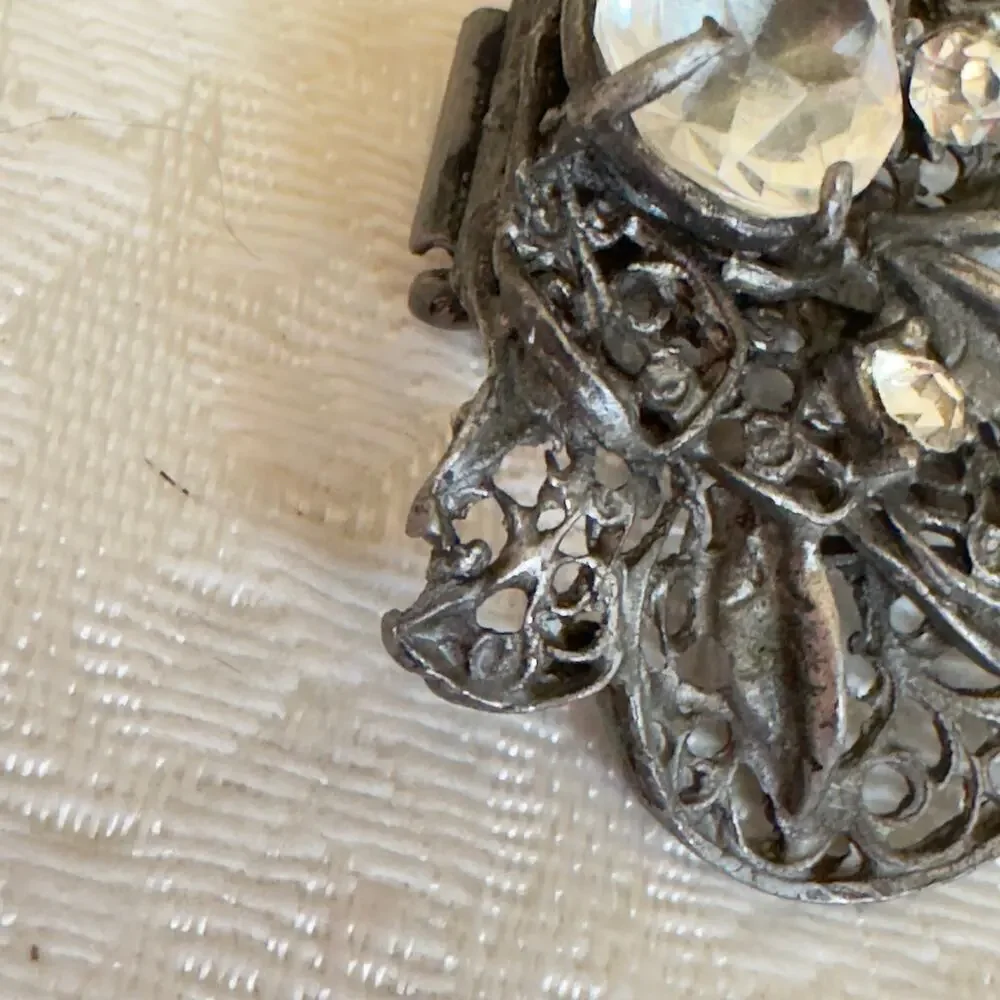Vintage Art Nouveau Rhinestone Pot Metal Filigree and Flowers Dress Clip 1940s